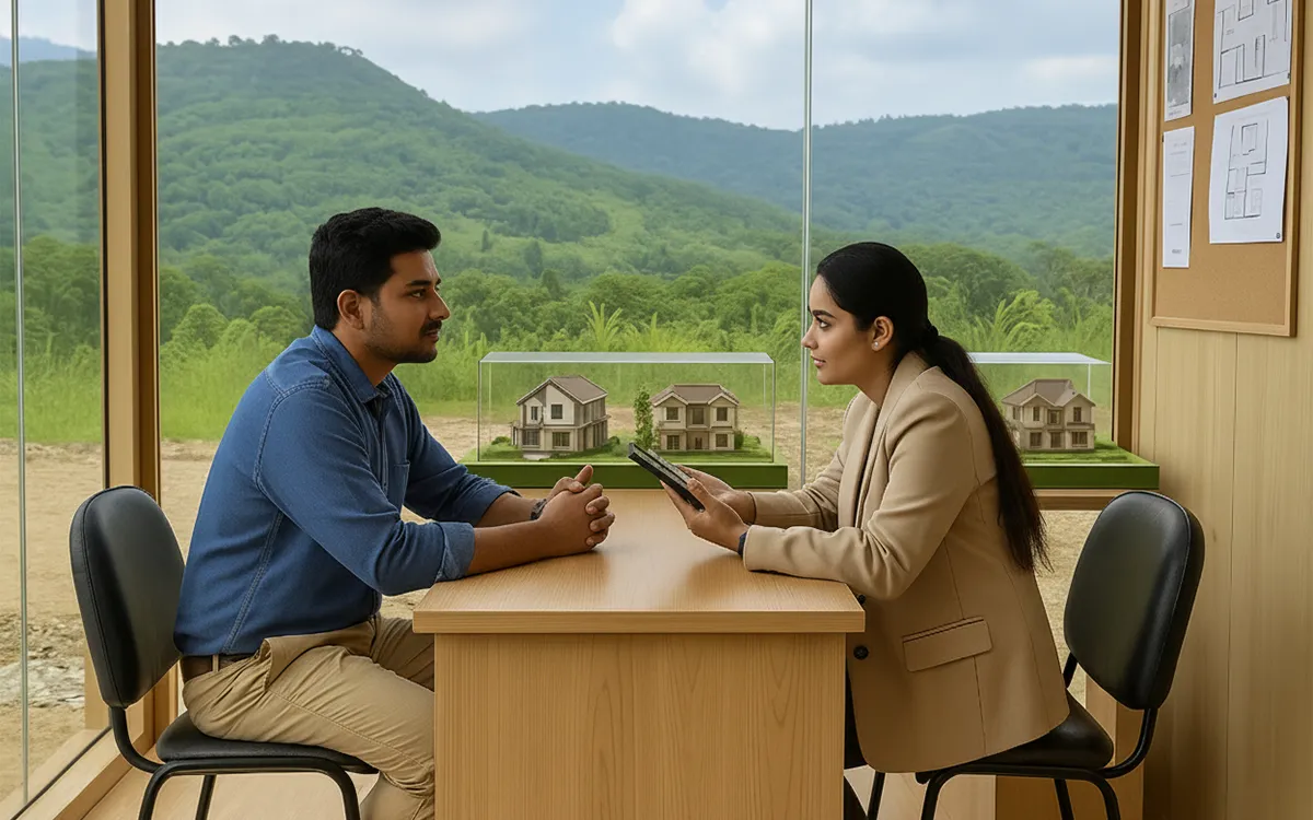 Homebuyer consulting a trusted Karjat property agent at a site office.